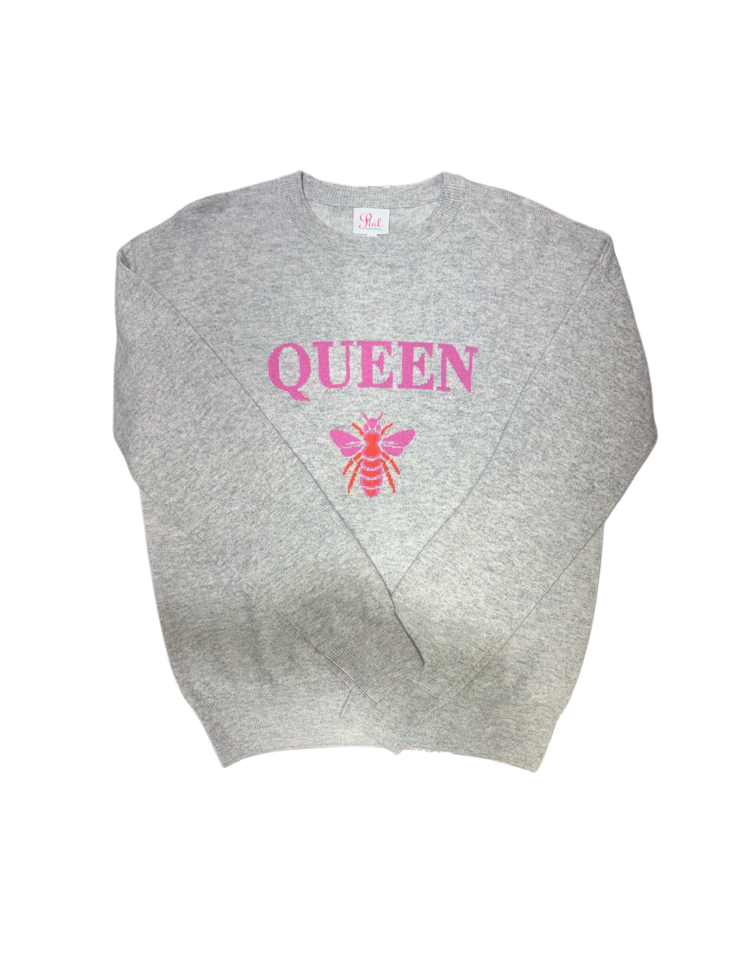 Gray cropped sweater with 'QUEEN' and a bee graphic in pink on a white background