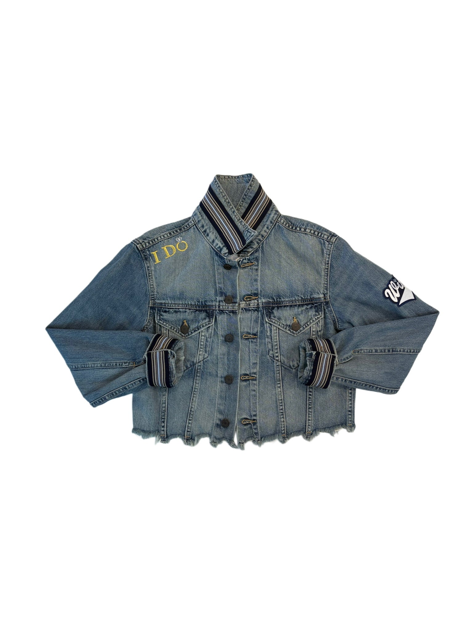 Blue denim jacket with black accents on a white background