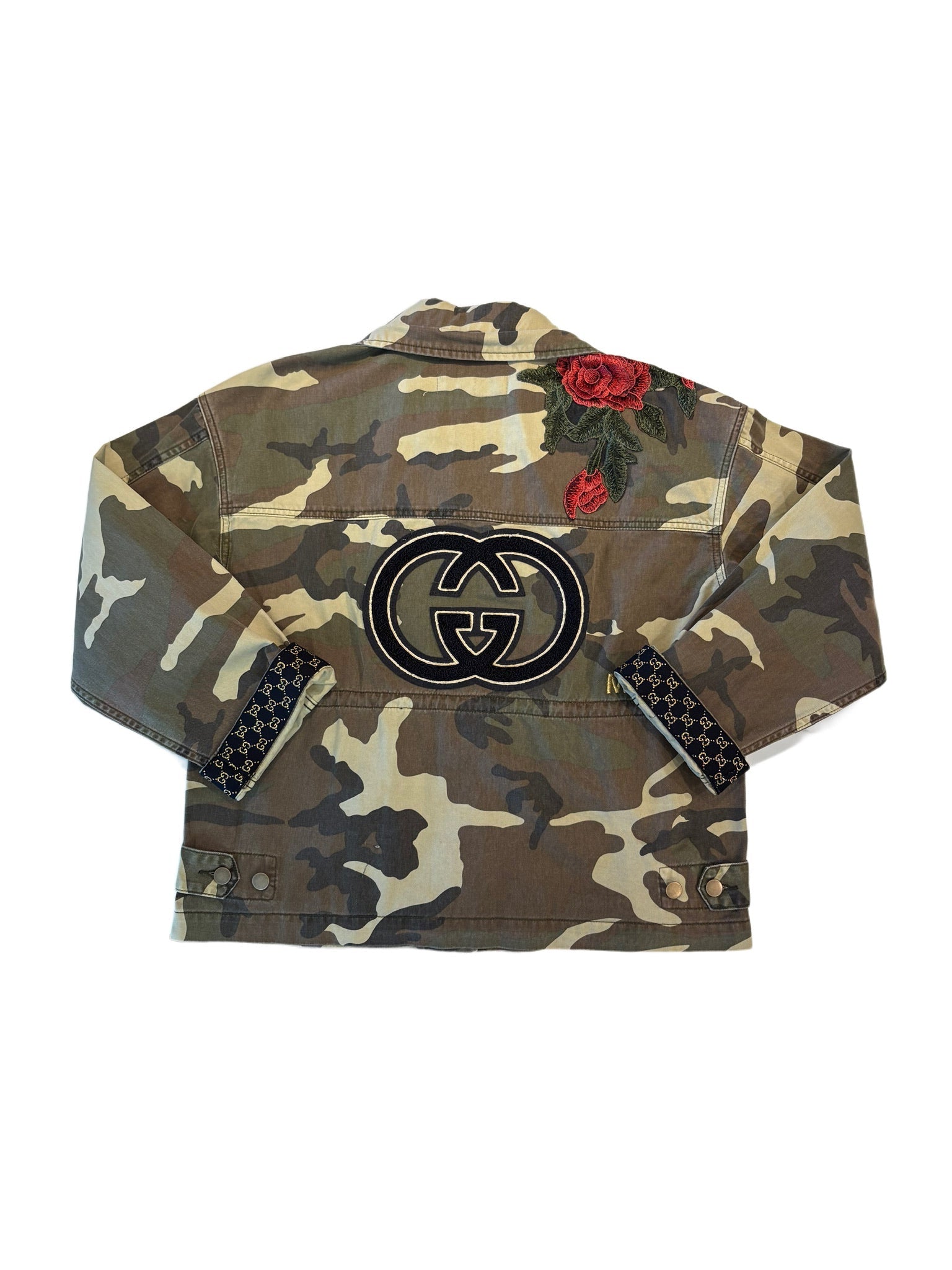 Camouflage jacket with a brand logo and red roses on a white background