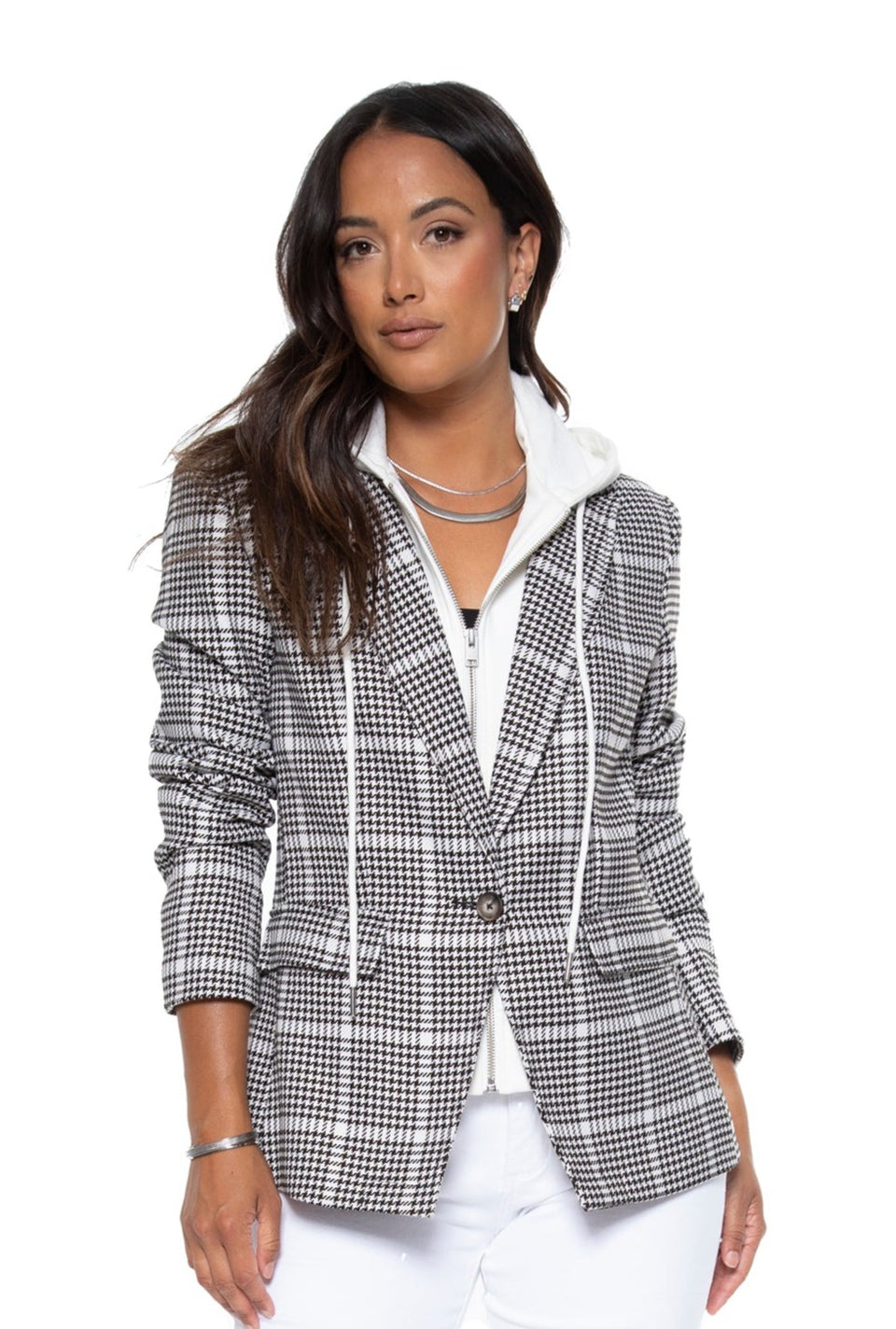 HOODED HELEN BLAZER IN BLACK HOUNDSTOOTH