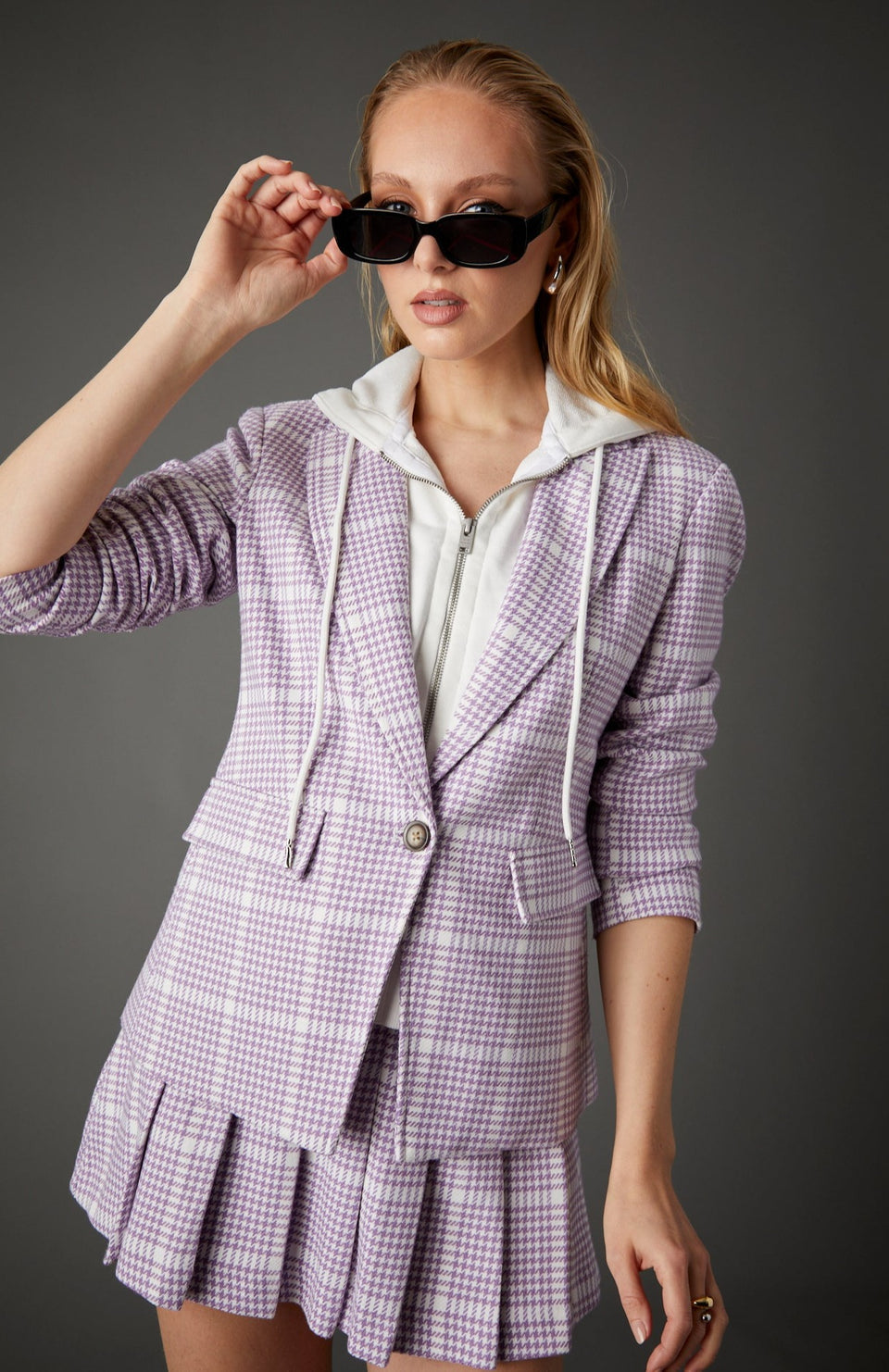 HOODED HELEN BLAZER IN LAVENDER HOUNDSTOOTH
