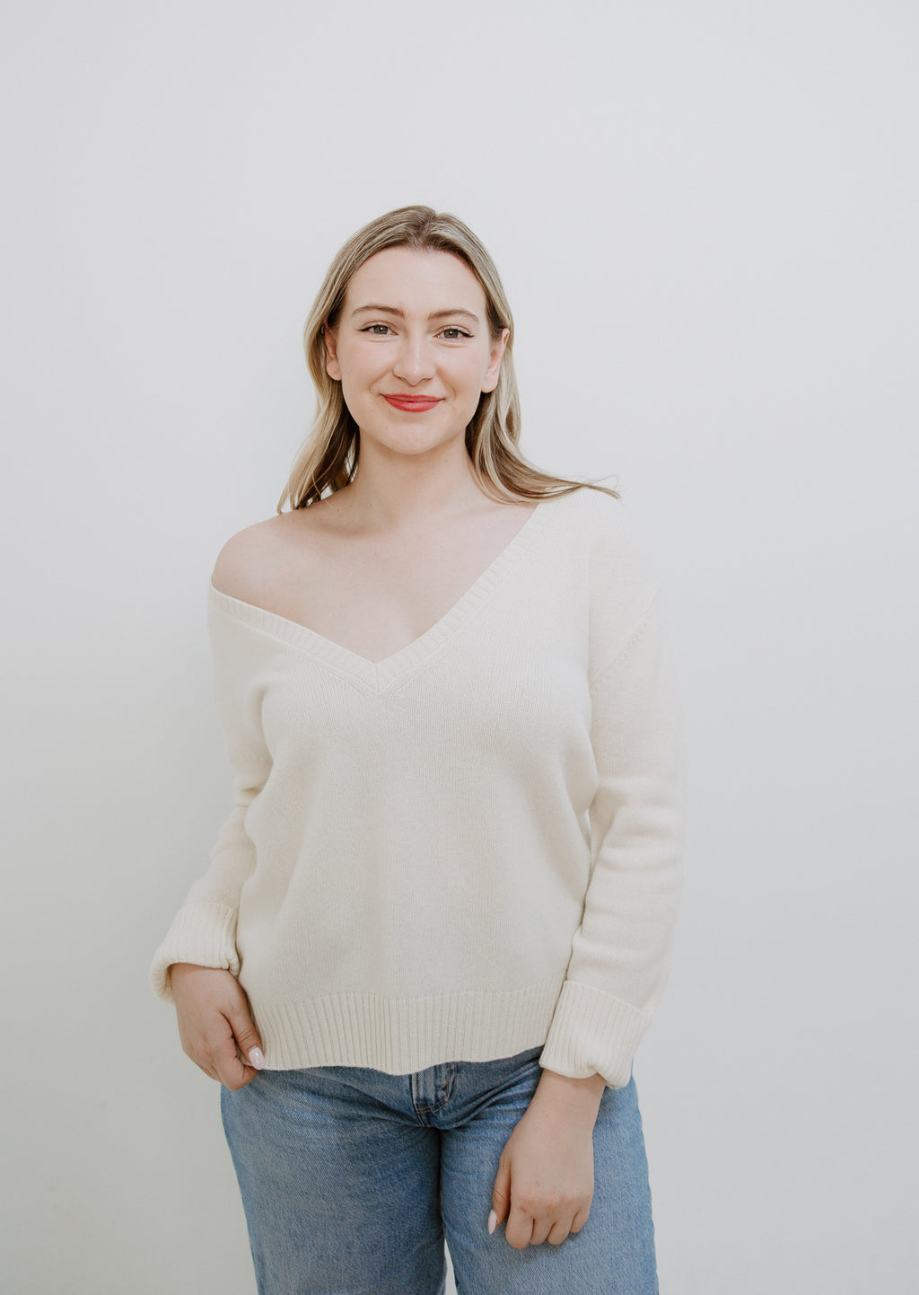 Ivory Bee Stripe V-Neck Cashmere Sweater