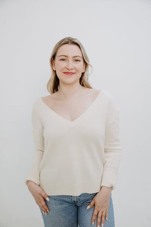 Ivory Bee Stripe V-Neck Cashmere Sweater
