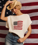 Round Neck Wide Shoulder USA Flag Aplique Sweater